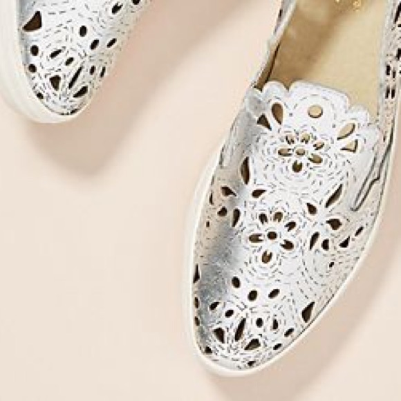 Silver Leather Laser Cut Platform Slip On Sneakers - Picture 3 of 5
